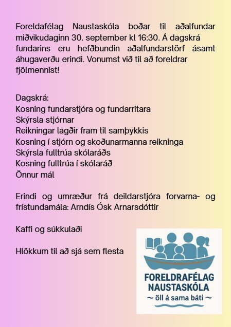 Aðalfundur foreldrafélags Naustaskóla miðvikudaginn 30. september