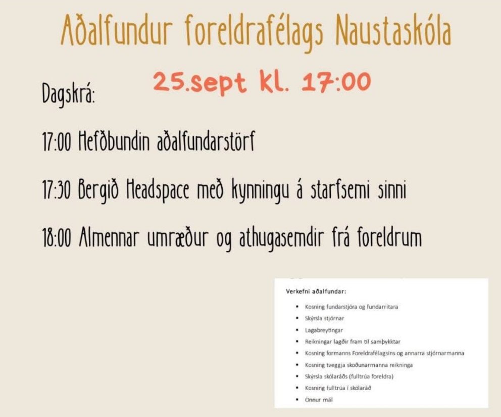 Aðalfundur foreldrafélags Naustaskóla á morgun, fimmtudaginn 25. september