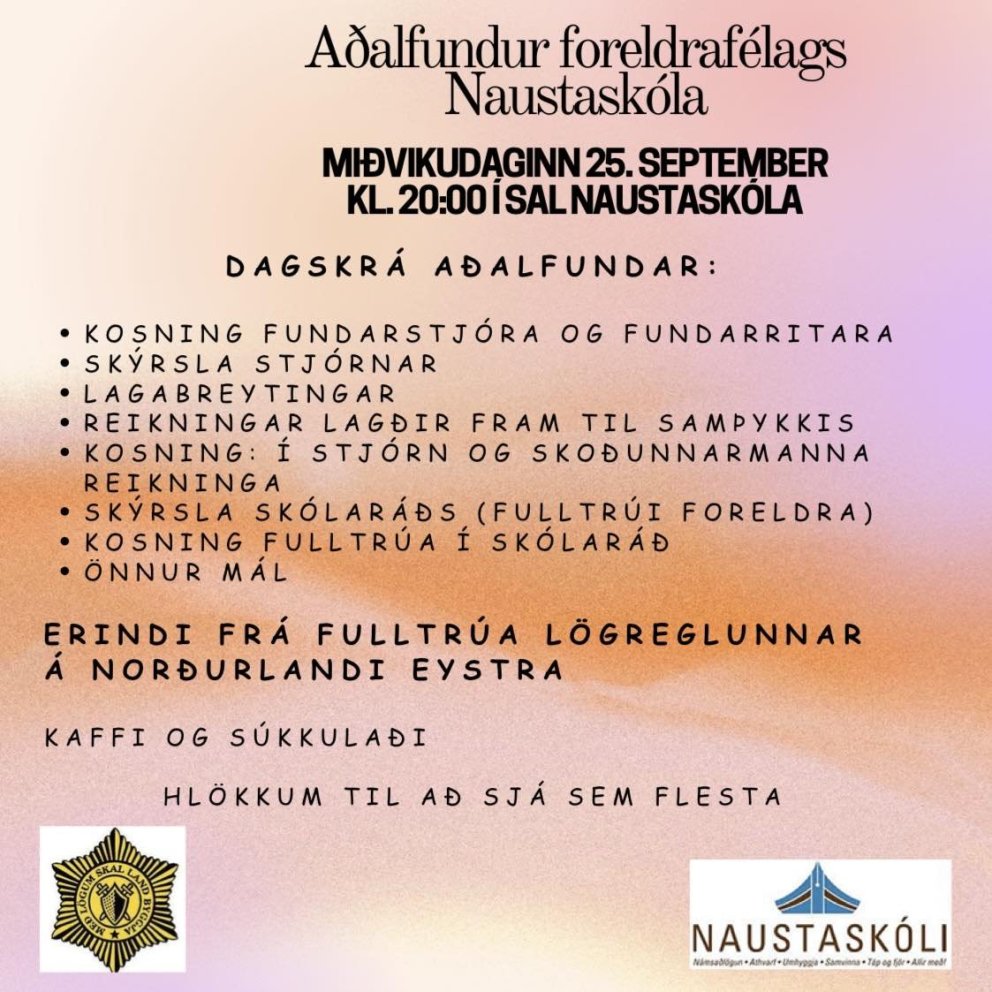 Aðalfundur foreldrafélags Naustaskóla í dag, miðvikudaginn 25. september