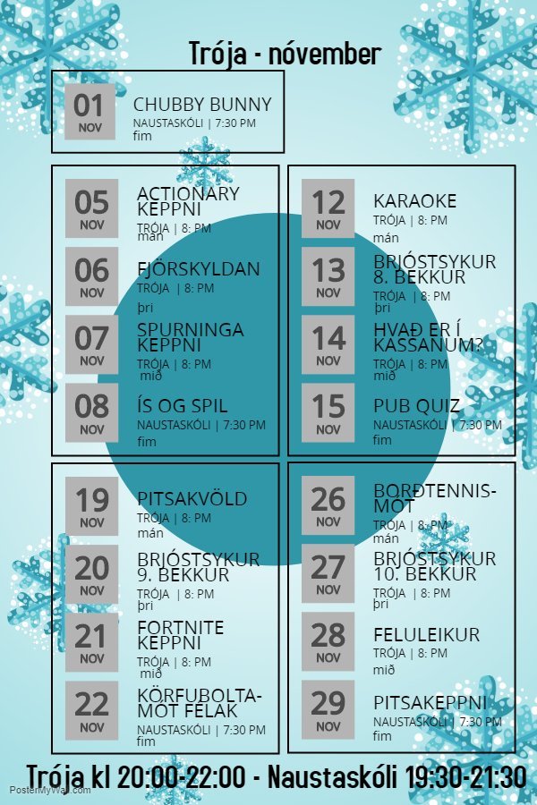 Dagskrá Tróju félagsmiðstöðvar fyrir unglingastig í nóvember