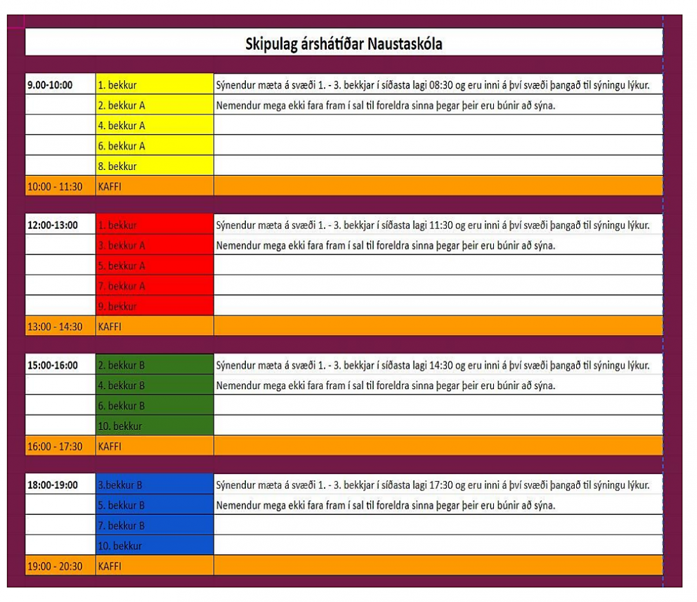 Skipulag sýninga á árshátíð Naustaskóla