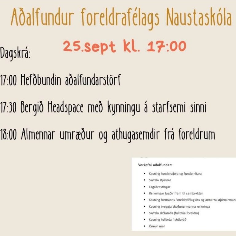 Aðalfundur foreldrafélags Naustaskóla á morgun, fimmtudaginn 25. september