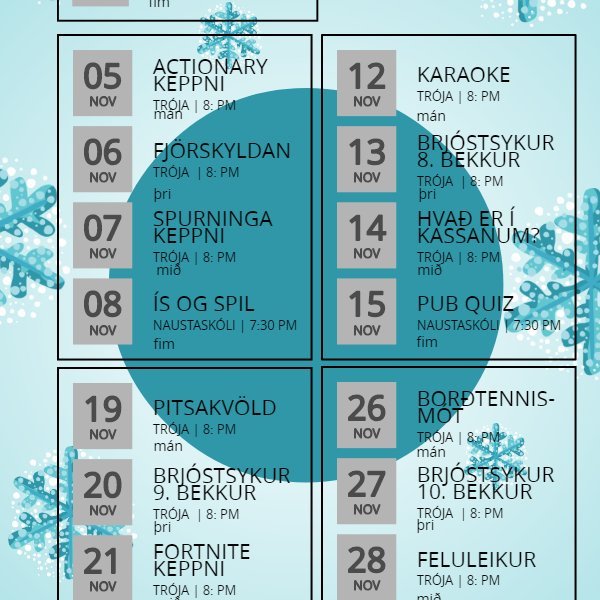 Dagskrá Tróju félagsmiðstöðvar fyrir unglingastig í nóvember