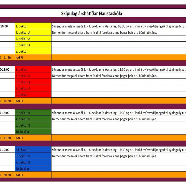 Skipulag sýninga á árshátíð Naustaskóla